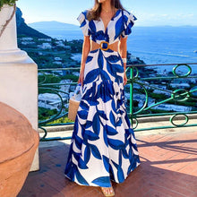 Load image into Gallery viewer, Summer Women Printed V Neck Sexy Waist Lace Up Pleated Dress