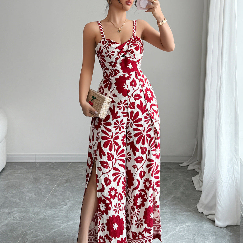 Spring Summer Elegant Twist Print Sling Wide Leg One Piece Long Pants Women Clothing