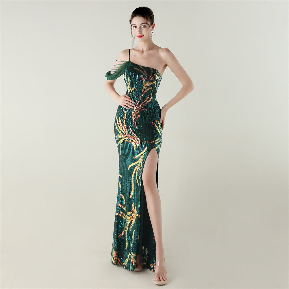 Sequin Mesh Craft Beaded Evening Dress off the Shoulder High Slit Fishtail Dress Swing Cocktail Social Socialite