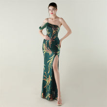 Load image into Gallery viewer, Sequin Mesh Craft Beaded Evening Dress off the Shoulder High Slit Fishtail Dress Swing Cocktail Social Socialite