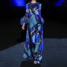 Load image into Gallery viewer, Blue Color Mid Waist Hepburn Office Maxi Dress Printing Dress