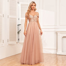 Load image into Gallery viewer, Off The Shoulder Sling Double V neck Sequ Embroidery Stitching Party Dress Elegant A Swing Tulle Dress