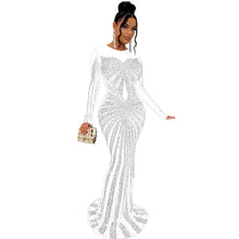 Load image into Gallery viewer, Women Solid Color Mesh See Through Rhinestone Long Sleeve Dress