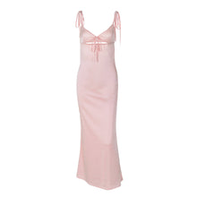 Load image into Gallery viewer, Summer Sexy V neck Lace Strap Satin Dress Sleeveless Self Tie Dress Women