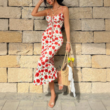 Load image into Gallery viewer, Retro French Romantic Seaside Vacation Lace up Waist Floral Wrapped Chest Slim Fit Long Cami Dress