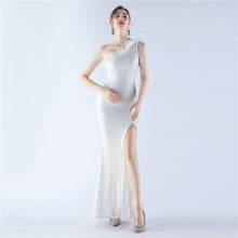Load image into Gallery viewer, Gradient Sequin Craft Beaded Ostrich Feather Diagonal Collar One Shoulder Long Evening Dress