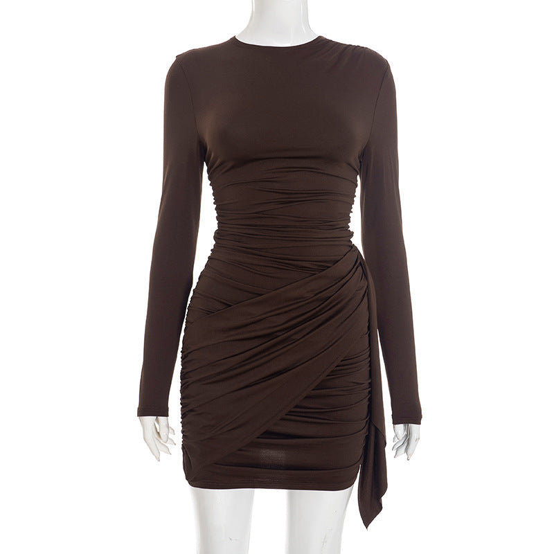 Women Clothing Autumn Winter Solid Color Pleated Streamer Long Sleeve Sheath Slim Short Dress