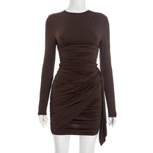 Load image into Gallery viewer, Women Clothing Autumn Winter Solid Color Pleated Streamer Long Sleeve Sheath Slim Short Dress