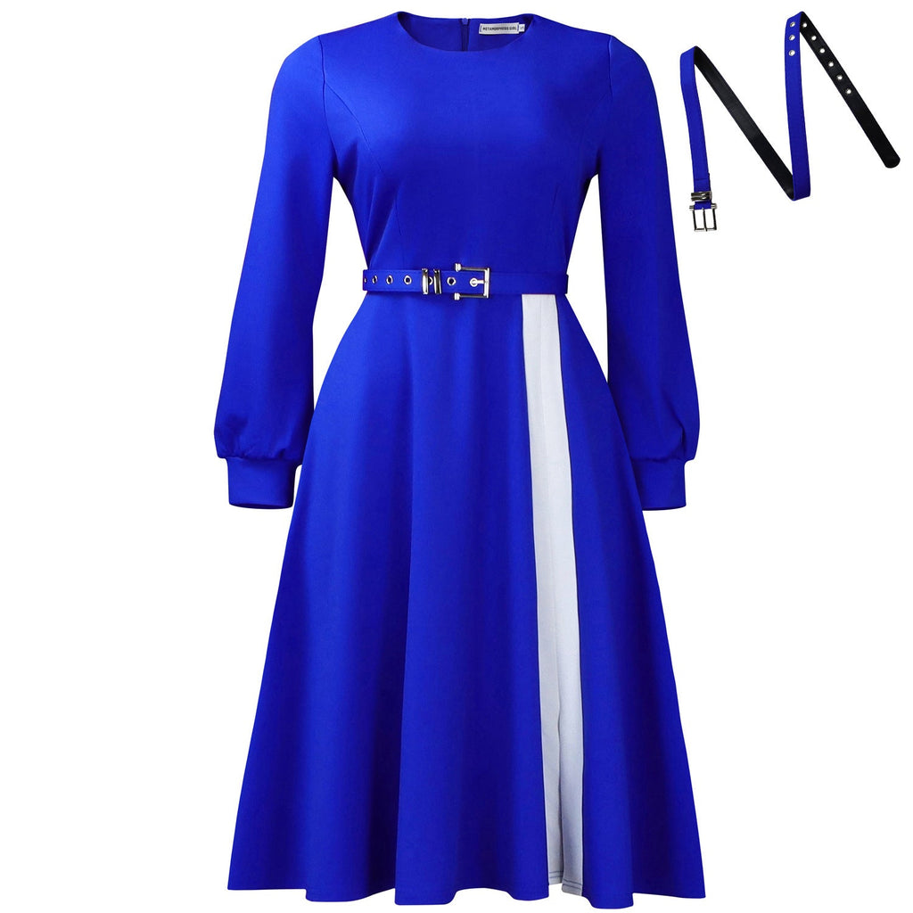 Women Clothing Long Sleeve round Neck Solid Color High Waist Elegant Spliced African Dress