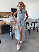 Load image into Gallery viewer, Women Sleeveless Long Tie Waist Single Breasted Denim Dress