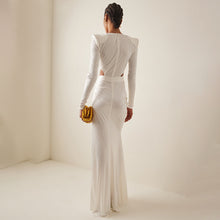 Load image into Gallery viewer, White Long Sleeve Pleating Hollow Out Cutout Cross Dress V Neck Metal Waist Women Clothing
