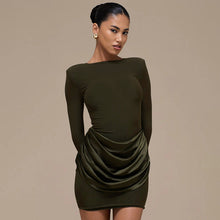 Load image into Gallery viewer, Women Clothing Autumn Winter Solid Color Elegant Casual Slim Fit round Neck Long Sleeves Pleated Short Dress