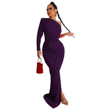 Load image into Gallery viewer, Women Clothing Autumn Oblique Shoulder Pleated Solid Color Dress Maxi Dress
