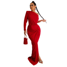 Load image into Gallery viewer, Women Clothing Autumn Oblique Shoulder Pleated Solid Color Dress Maxi Dress