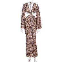 Load image into Gallery viewer, Women Clothing Summer Sexy Leopard Print Lace up Deep V Plunge neck Hollow Out Cutout out Long Sleeve Dress Sexy