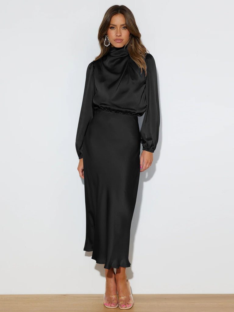Autumn High Grade Satin Long Sleeve Loose Dress Elegant Women Evening Dress