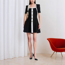 Load image into Gallery viewer, Square Collar Short Sleeve Color Matching with Metal Button Single Row Multi Buckle Design Ladies Dress