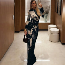 Load image into Gallery viewer, Summer Women High Waist Slim Fit round Neck Long Sleeves Printing Dress