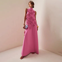 Load image into Gallery viewer, Elegant Elegant Stand Collar Sleeveless Solid Color Dress Three Dimensional Floral Collage Design Maxi Dress