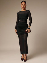 Load image into Gallery viewer, Round Neck Mesh Stitching Solid Color Slim Fit Sheath Pleated Edge Ladies Long Dress