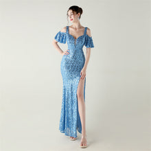 Load image into Gallery viewer, Bead Tube Sequin Heavy Industry Evening Dress Short Sleeve off the Shoulder Deep V Plunge High Slit Fishtail Dress Cocktail Socialite