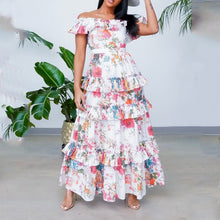 Load image into Gallery viewer, Women Summer round Neck Long Sleeve Printed Ruffled Maxi Dress Vacation Dress for Women
