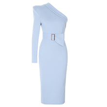 Load image into Gallery viewer, Simple Sexy Oblique Shoulder Irregular Asymmetric Belt Back Slit Slim Dress Women