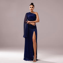 Load image into Gallery viewer, Women Clothing Premium One Shoulder Diagonal Collar Long Sleeve Slim Fit Slit Cocktail Evening Dress