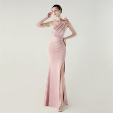 Load image into Gallery viewer, One Shoulder Three Dimensional Floral Satin Folding High Slit Sexy Evening Dress Dinner Wedding Social