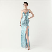 Load image into Gallery viewer, Sequined Evening Dress Sexy V neck Spaghetti Strap Cross Strap Fishtail Dress Red Carpet Cocktail