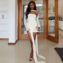 Load image into Gallery viewer, Solid Color Women Clothing Split Sexy Asymmetric Dress off Neck Long Sleeve Slim Dress