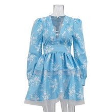Load image into Gallery viewer, Women Clothing Pleated V neck Printed Dress Long Sleeve Tight Waist Graceful Fashionable A line Dress
