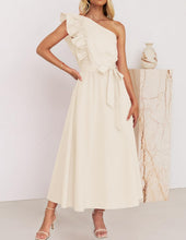 Load image into Gallery viewer, Women Maxi Dress Oblique Shoulder Wooden Ear Belt Dress Bridesmaid Toast Dress