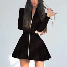 Load image into Gallery viewer, Women Fashionable Fitted Long Sleeve Pleated Faux Leather Zipper Dress