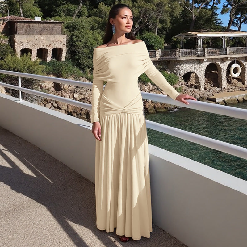French Women Autumn off Neck Cinched Pleated Long Sleeve Dress