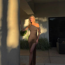 Load image into Gallery viewer, Slant Shoulder Sexy Slim Fit Backless Split Dress