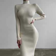 Load image into Gallery viewer, High Collar Mid Length Sunken Stripe Knitted Dress Women Solid Color Wool Tight Sexy Autumn Winter Dress