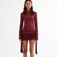 Load image into Gallery viewer, Solid Color Long Sleeve round Neck Slim Fitting Patchwork Ribbon All Match Floral Dress