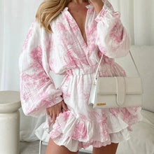 Load image into Gallery viewer, Autumn Cotton Champray Printed Casual Dress Women round Neck Long Sleeve Ruffles A line Dress