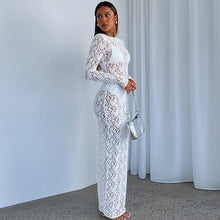 Load image into Gallery viewer, Women Clothing Spring Summer Solid Color Lace See through Long Sleeve Mid Length Dress