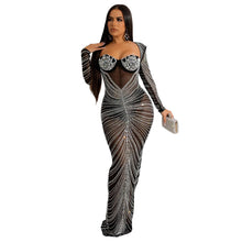 Load image into Gallery viewer, Women Wear Rhinestone Mesh See through Long Sleeve Dress