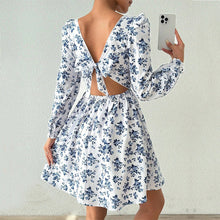 Load image into Gallery viewer, Women Clothing French Square Collar Elegant Dress Autumn Winter High Waist Backless Lace up Floral