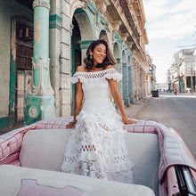 Load image into Gallery viewer, Summer Women Clothing off Shoulder Ruffled Hollow Out Cutout Wide Hem Lace Long Dress