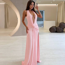 Load image into Gallery viewer, Women Clothing Summer Sexy Deep V Plunge Halter Pleated Backless Irregular Asymmetric Dress