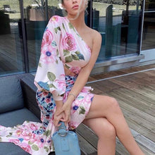 Load image into Gallery viewer, Summer Women Clothing Maxi Dress Asymmetric Tube Top Single Sleeve Waist Tight Floral Stitching Dress