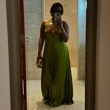 Load image into Gallery viewer, Women Clothing Autumn Sweet Fresh V neck Halter Backless Pleated Oversized Swing Dress