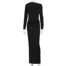 Load image into Gallery viewer, Fall Women Clothing Elegant Solid Color Long Sleeve Diagonal Collar Bow Ruffle Hip Dress