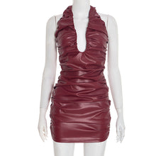 Load image into Gallery viewer, Women Clothing Autumn Solid Color Sexy Faux Leather Halter Sleeveless Slim Deep V Plunge Short Dress