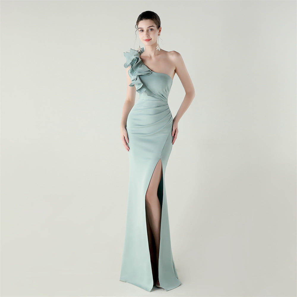 One Shoulder Craft Wave the Craft of Design Gross Satin High Slit Sexy Evening Dress Dinner Party Wedding Social Networking