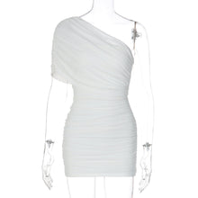 Load image into Gallery viewer, Fall Solid Color Sexy Trend Oblique Shoulder Pleated Mesh Dress